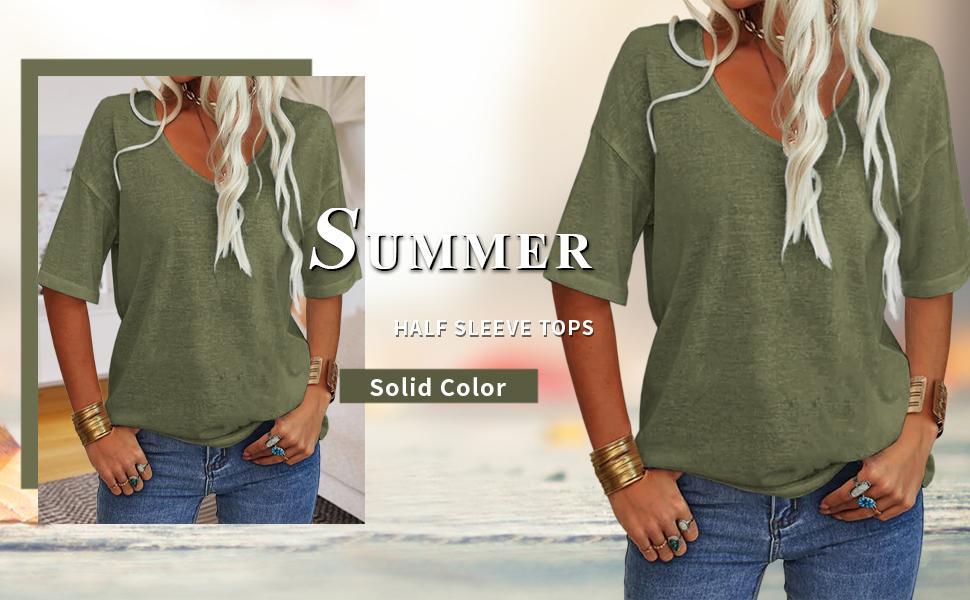 PiePieBuy Women's Women Soft V Neck Tshirt Half Sleeve Lightweight Solid Color Loose Fit Minimalist Top  Casual Comfortable Simple Womenswear shirts