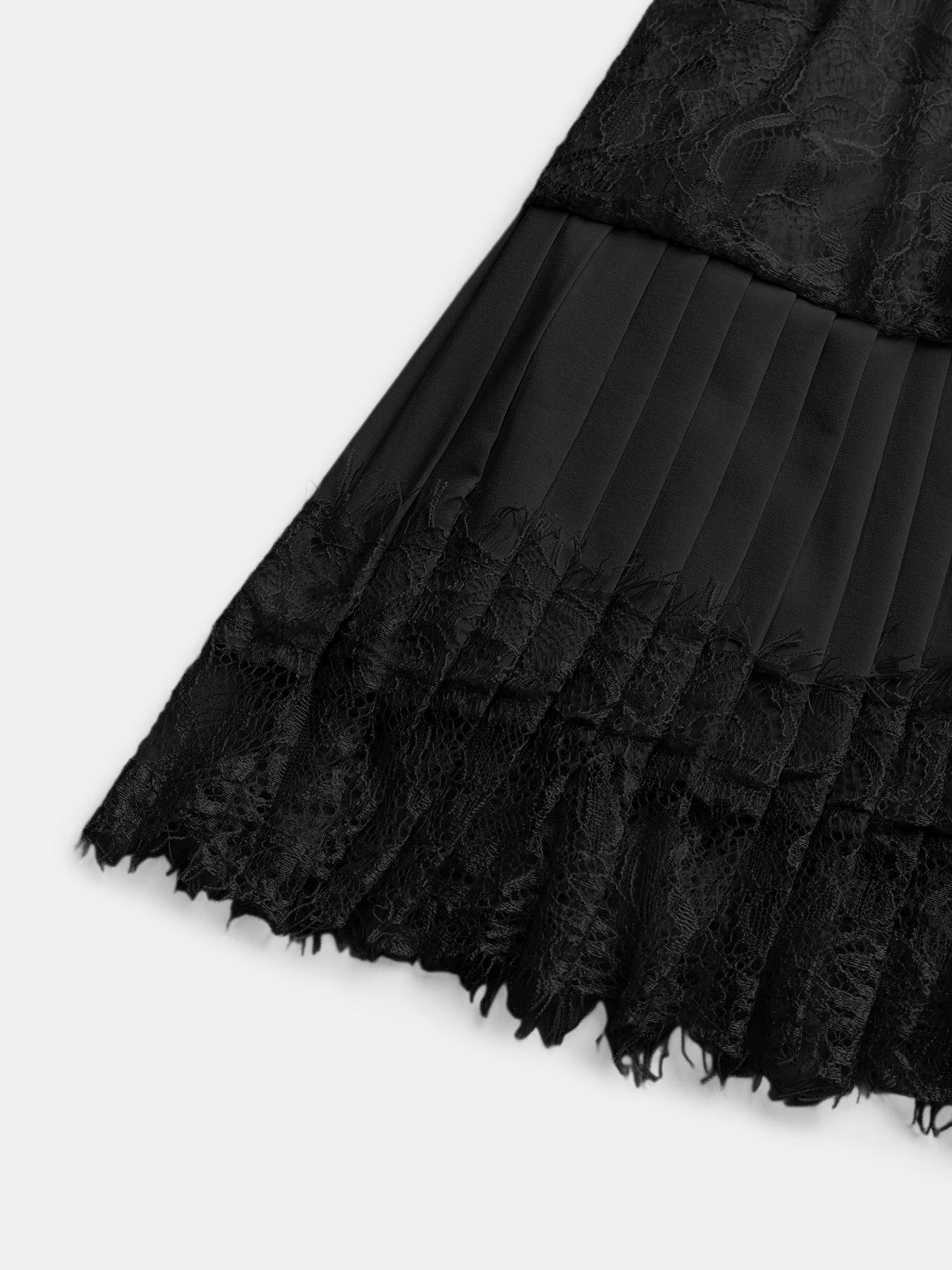 Women's Lace Patchwork Pleated Short Skirt, Feminine Sweet Elegant Style, Show Leg Length, Plain Pattern, S Type Silhouette