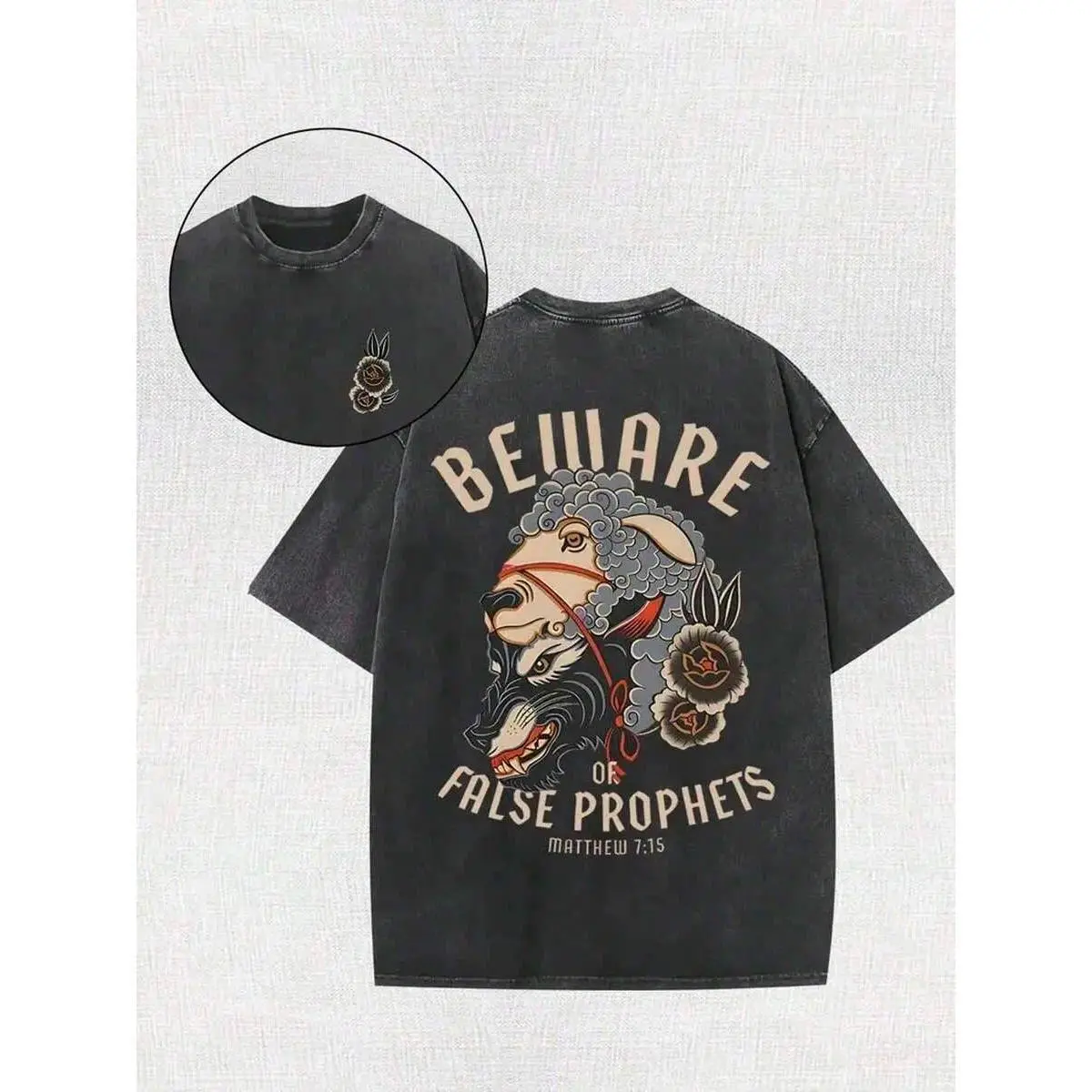 Men's Classic Cotton Short-Sleeve Baseball T-Shirt - Vintage Christian Tattoo Graphic, 'Beware of False Prophets' Matthew 7:15 Wolf in Sheep's Clothing, Acid-Washed Oversized Menswear Fabric Casual Streetwear Tee