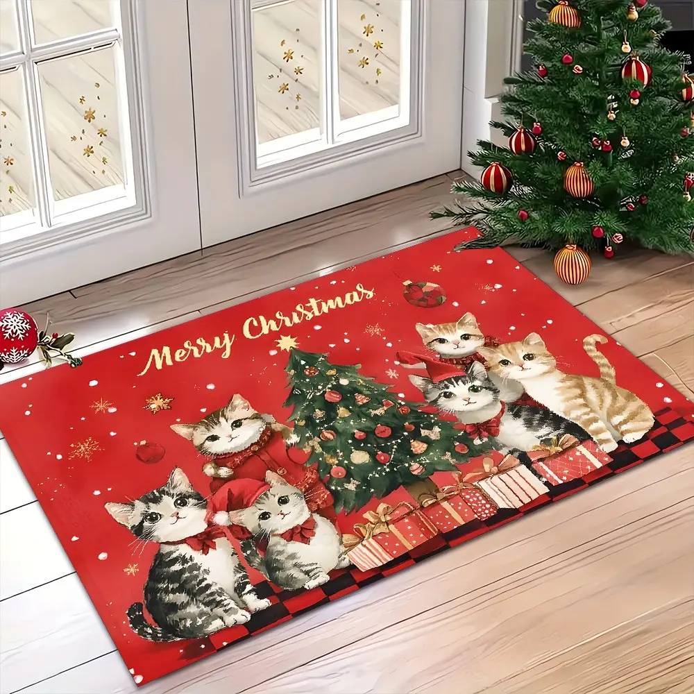 Merry Christmas Cute Cat Welcome Doormat, Red Buffalo Plaid Holiday Entrance Rug, Soft Absorbent Non Slip Floor Mat, Quick Dry Indoor Outdoor Front Door Carpet, Home Decor Christmas Gift for Cat Lovers