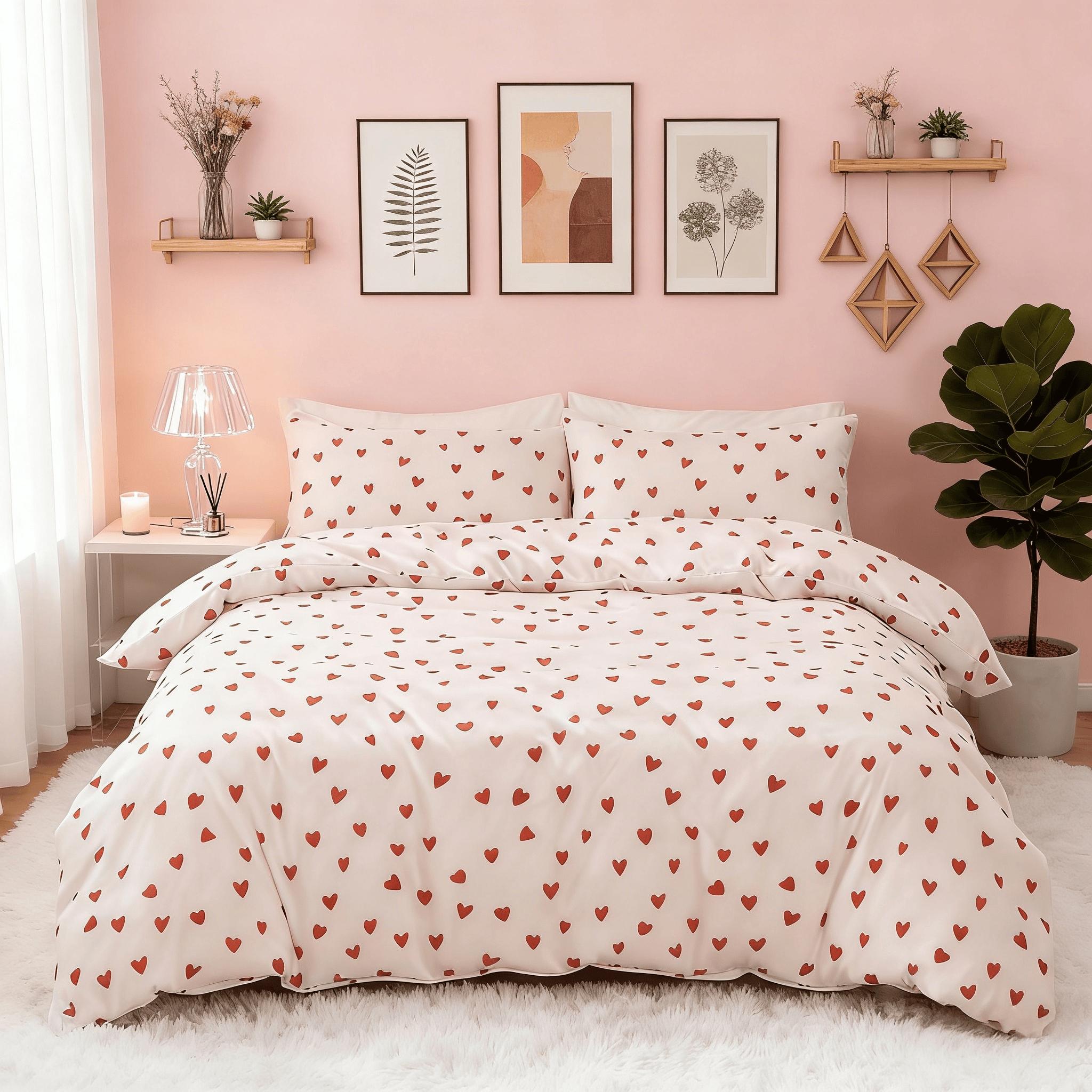 3-Piece Red Small Heart Print Duvet Cover Set, Includes 1 Duvet Cover and 2 Pillowcases (Without Insert), Soft and Comfortable, Machine Washable for Easy Care, Ideal Gift.