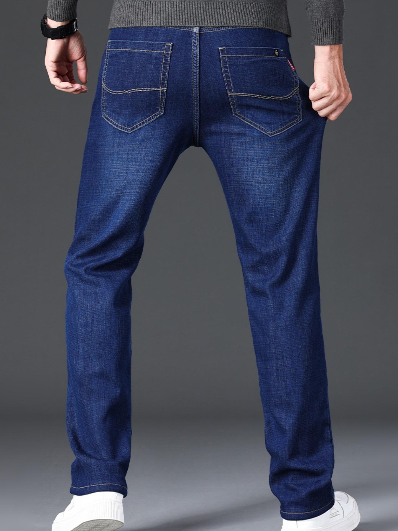 Men's Thickened Winter Fleece Jeans, Classic Loose Straight Leg High Waist Casual Elastic Pants, Warm Long Denim Trousers for Fall & Winter, Fashion Jean Bottoms