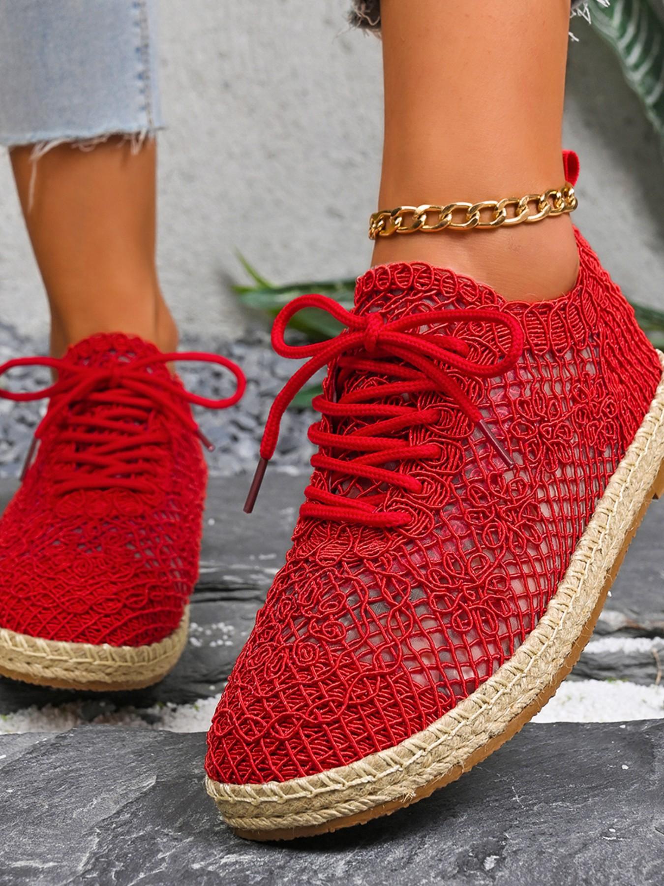 Women's Summer Crochet Sneakers, Casual Breathable Mesh Shoes, Handmade Hooked Knit, Round Toe, Low Ankle, Random Print, Fashion Trendy