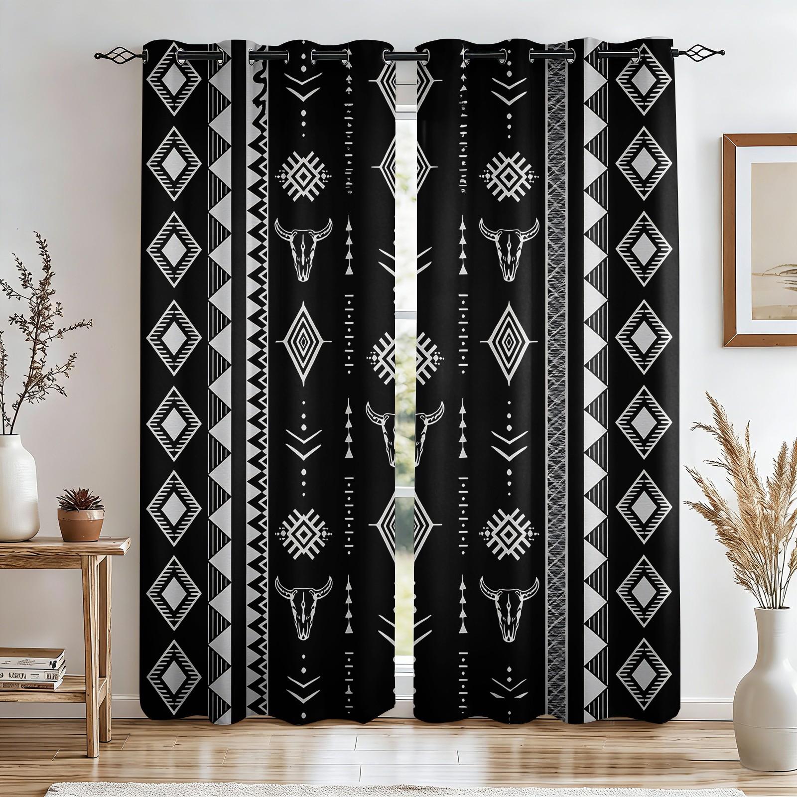 2 Panels Tribal Bull Skull Aztec Blackout Curtains Sun Blocking Noise Reducing Window Treatments with Black White Southwestern Pattern for Bedroom Living Room Office Dorm Rustic Western Boho Room Decor