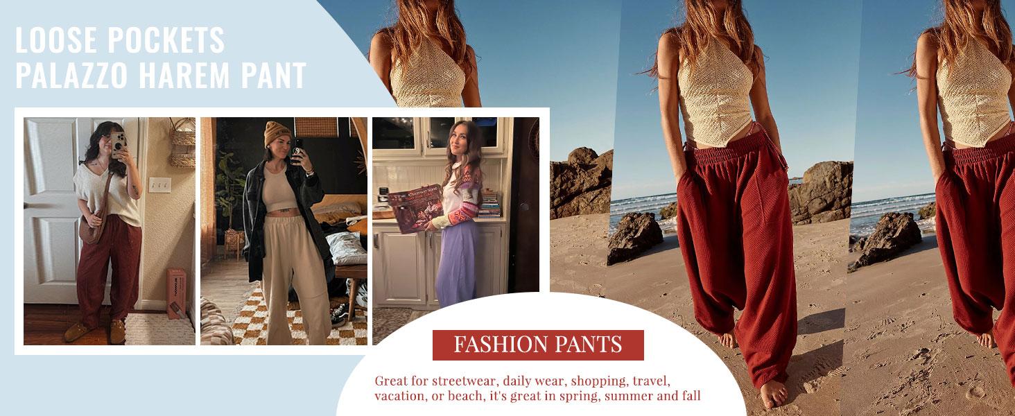 Molitree Womens Baggy Wide Leg Pants Casual Elastic Waisted Palazzo Harem Pants with Pockets