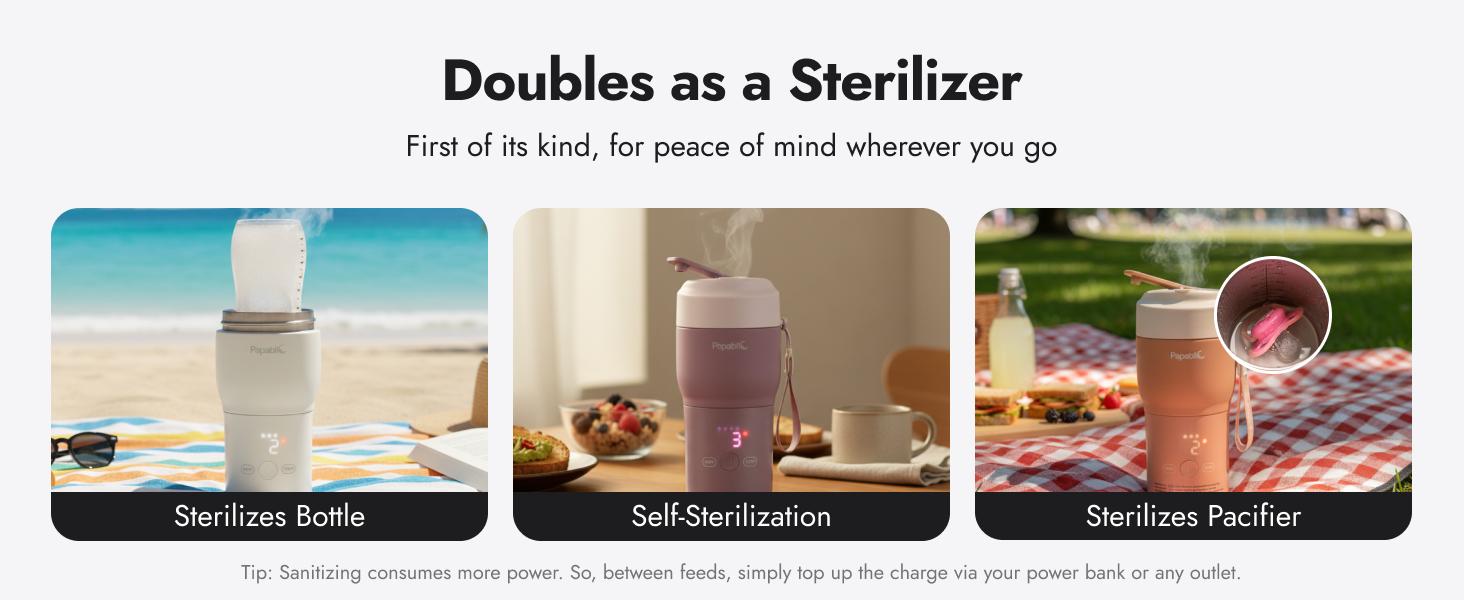 Papablic Pro Portable Bottle Warmer for Travel – Fast Heating, Built-in Sterilizer, 30W Fast Charge, 5-Temp Control, Easy-Clean Wide Mouth, Baby Milk Warmer for Breastmilk & Formula