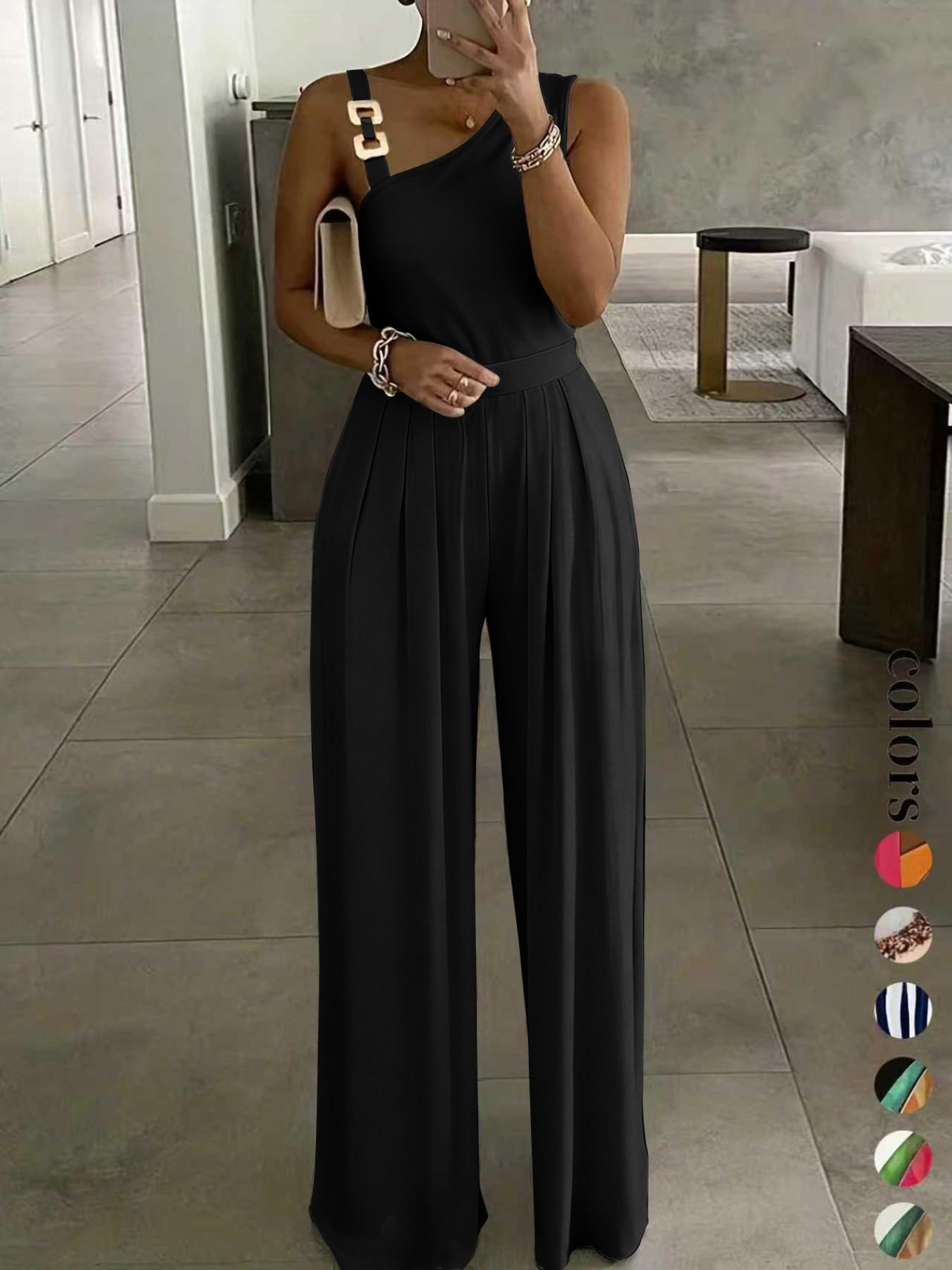 Women's Floral Print Ring-Linked Asymmetrical Neck Jumpsuit, Boho Casual High Waist Wide Leg Jumpsuit for Summer, Womenswear