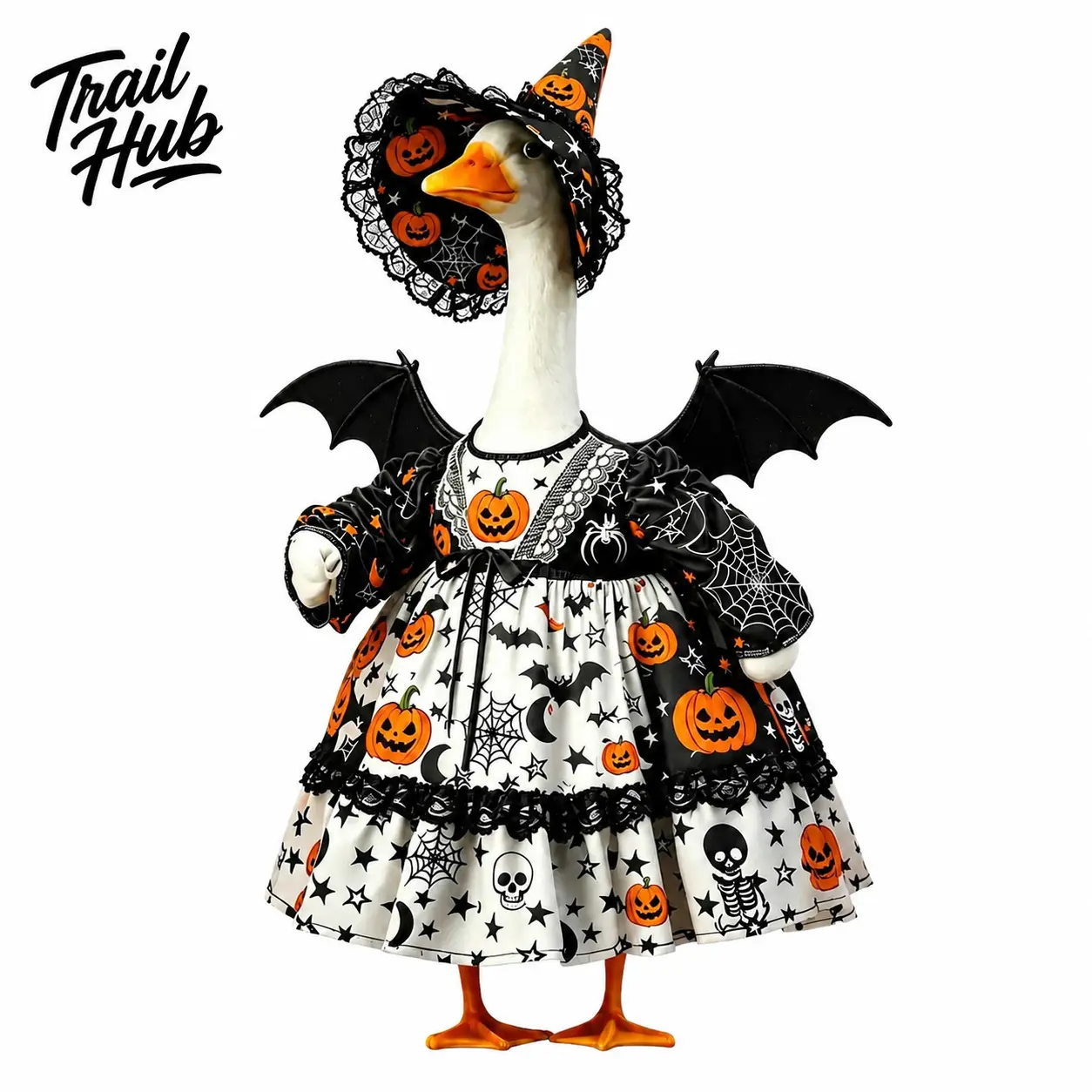 Halloween Outdoor Decor Set with Porch Goose Costume Featuring Pumpkin, Skull & Bat Print Design, Plus Matching Hat and Feathered Wing Accessories for Lawn, Patio or Garden Display
