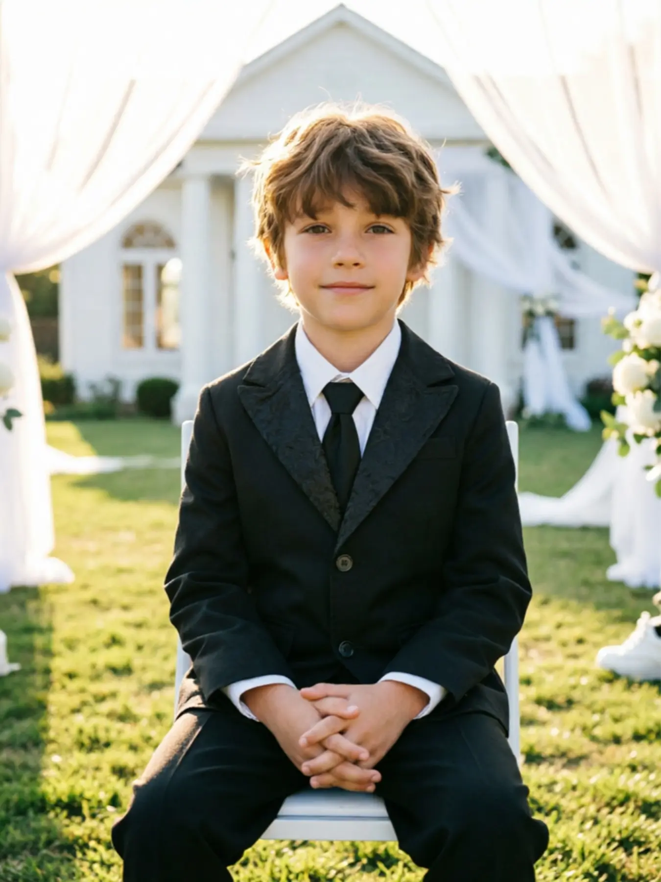 Boys Black 2 Piece Tuxedo Suit Jacquard Lapel Blazer Pants Junior Groomsman Ring Bearer Fall Wedding Formal Birthday Party Outfit Boys Dress Clothes Breathable Combination Set