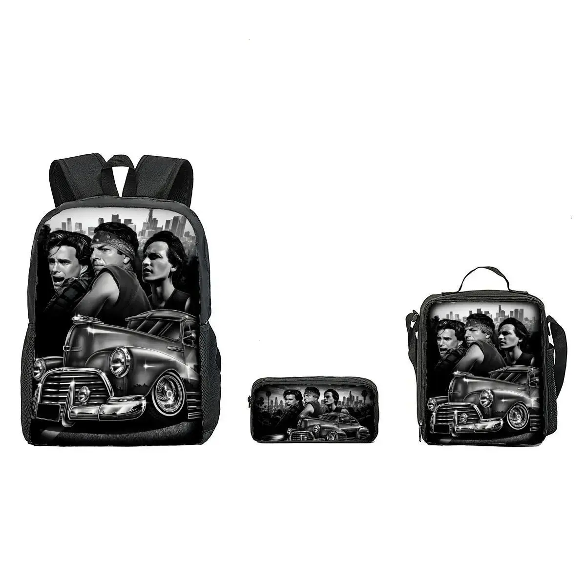 3-Piece Chicano Style Backpack Set with Lunch Bag, Vintage Cityscape Print Black Laptop Bookbag for Teens, Large Capacity School & Travel Daypack, Black Backpacks, Chicano-Inspired Backpacks