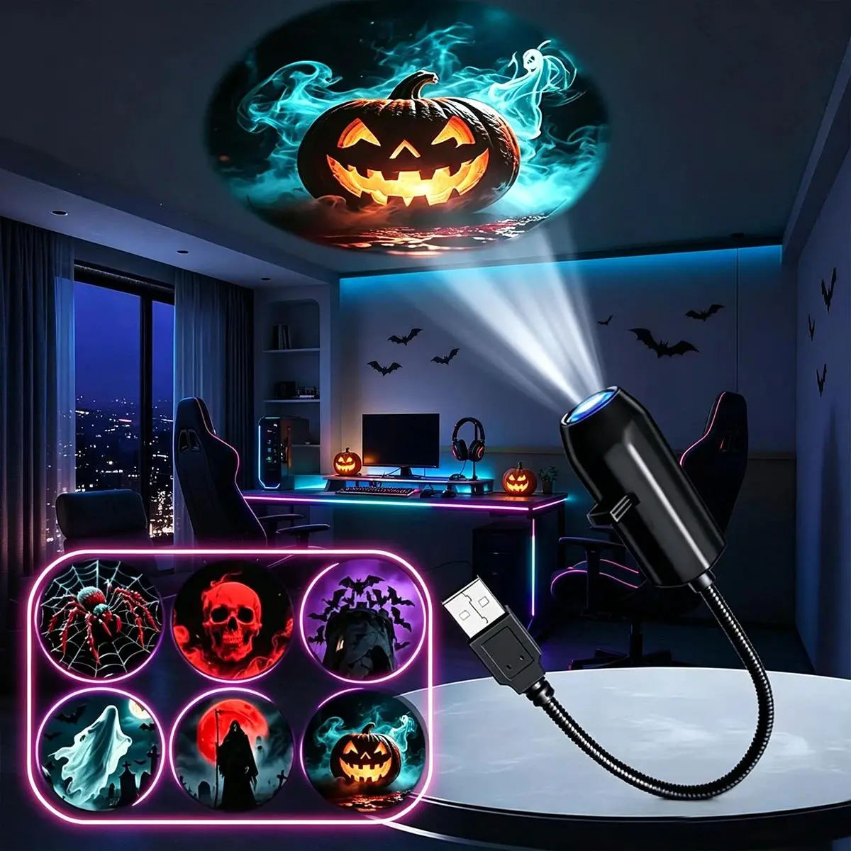 USB Halloween Projector Light 6 Patterns Mini LED Spooky Projection Lamp Portable Atmosphere Light For Home Car Party Decor