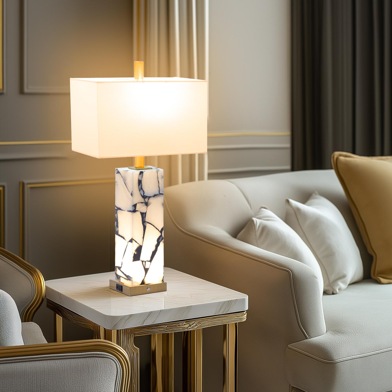 GLITGATE Natural Marble Table Lamps 2 PC, Modern Table Lamp, Nightstand Lamp, Side Table Lamp with 3-color temperature, Bedside Lamps with USB Ports, with 2 USB Ports, For bedrooms, End Table Lamps for Living Rooms