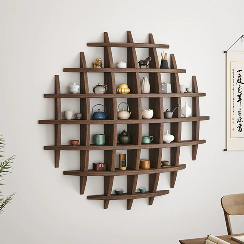 Solid Wood Chinese Tea Cup Holder, Wall Mounted Teapot Display Stand, Wall Decoration Teaware Shelf Storage Rack for Living Room Kitchen Office Commercial