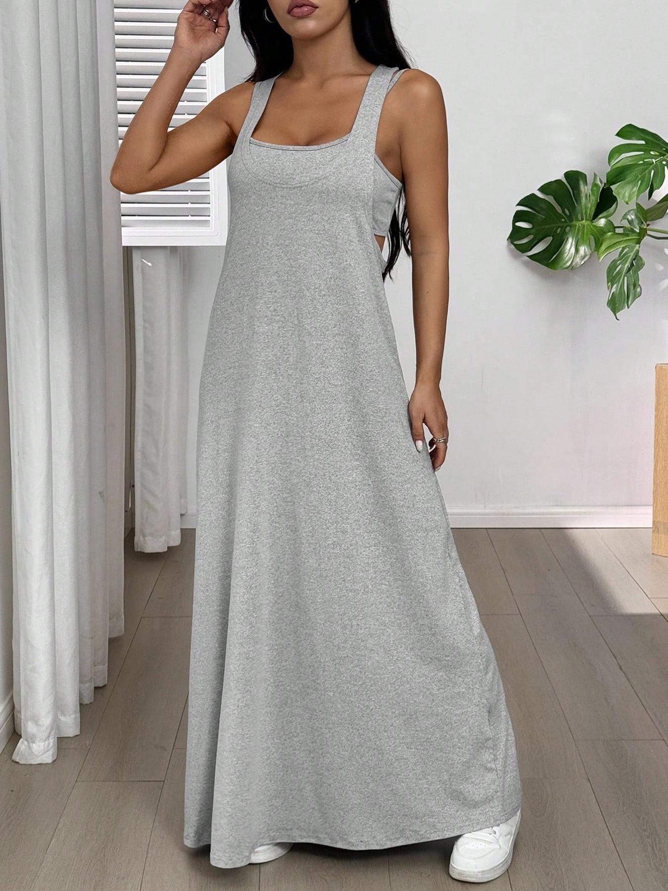 Women's 2pcs Heather solid color Casual Wear Tank Top & Cutout Maxi Dress Set , Soft Stretchy Fabric & Double-Strap Design Women's 2pcs Heather solid color Casual Wear Tank Top & Cutout Maxi Dress Set , Soft Stretchy Fabric & Double-Strap Design