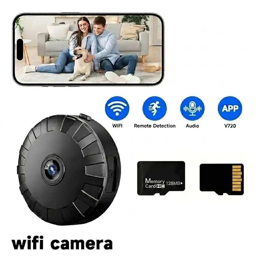 Indoor Security Camera, USB Powered, Rechargeable Battery, Wi-Fi Connection, Self-Adhesive Mount, APP Control, Audio Alert, Portable Design, WiFi Camera