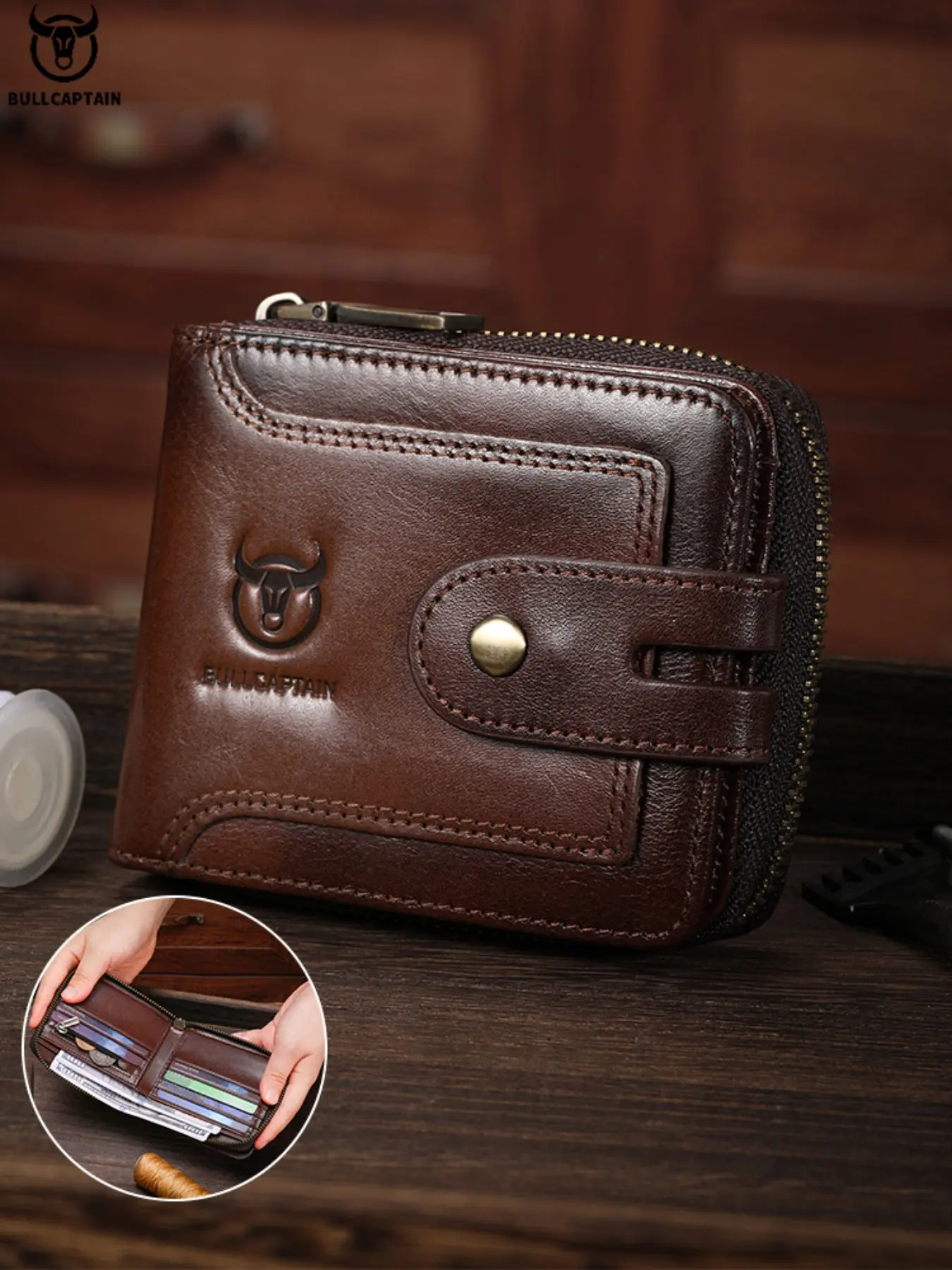 【Black Friday】BULLCAPTAIN Men's Business Fashion Zipper Wallet, Casual Trendy RFID Anti-theft and Anti-magnetic Wallet, Multi Card Slot for Work & Daily Use, Ideal Thanksgiving Christmas Gift for Men