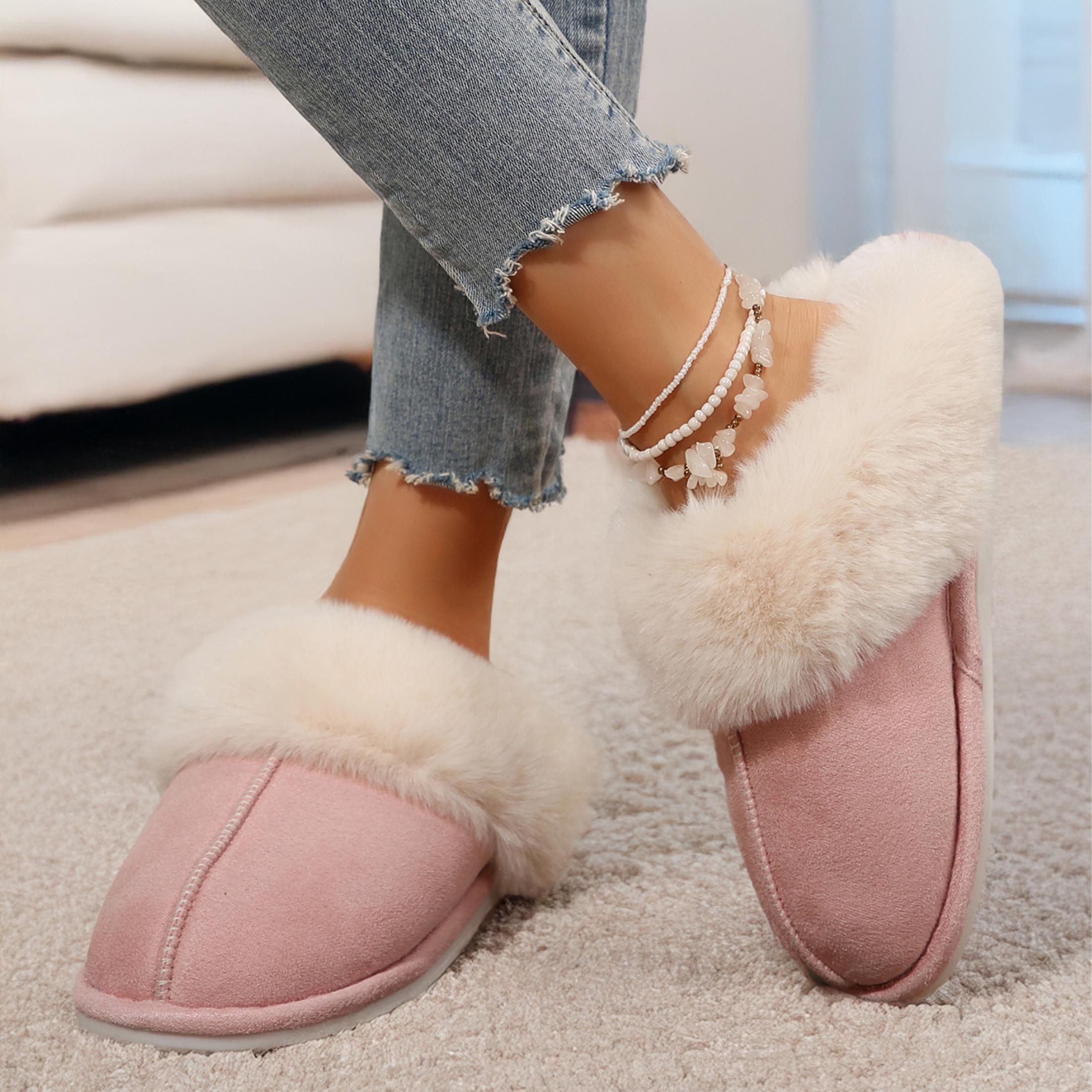 Warm Women's Plush Fleece-Lined Slip-On Moccasin with Fluffy Detail - Non-Slip Winter Home Slippers on Flat Platform Sole. So Cozy
