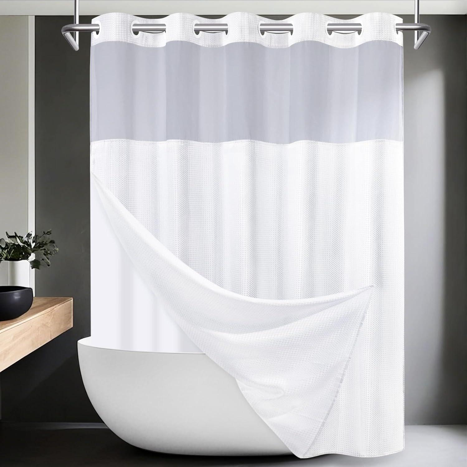 Double Layer Large Ring Waffle Bath Curtain, Waterproof Anti-Mold Shower Divider, Dry Wet Separation, Bathroom Privacy Screen