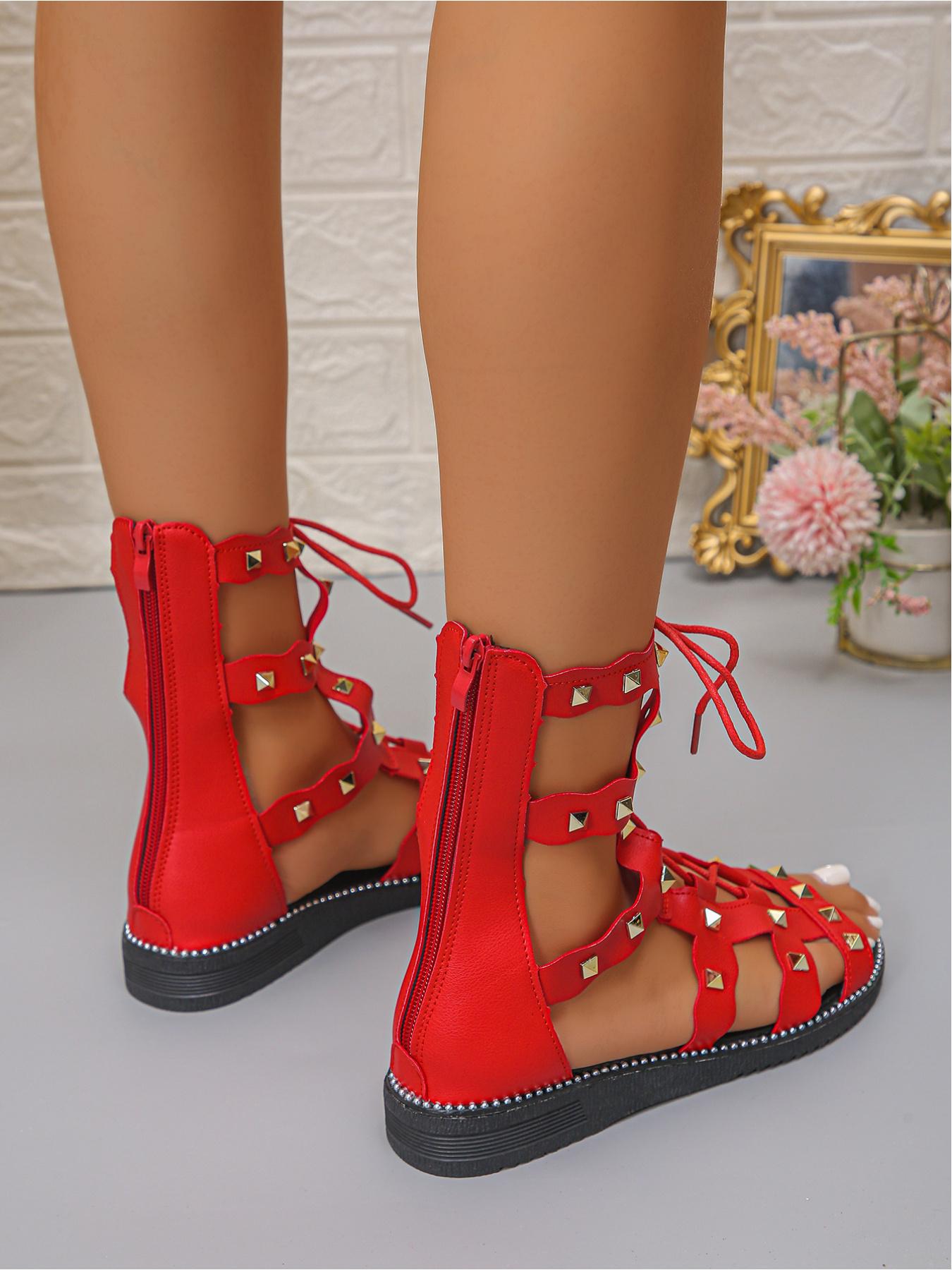Women's High-Top Roman Gladiator Sandals, Studded Lace-Up Cutout Flat Ankle Boots, Summer Outdoor Beach Shoes
