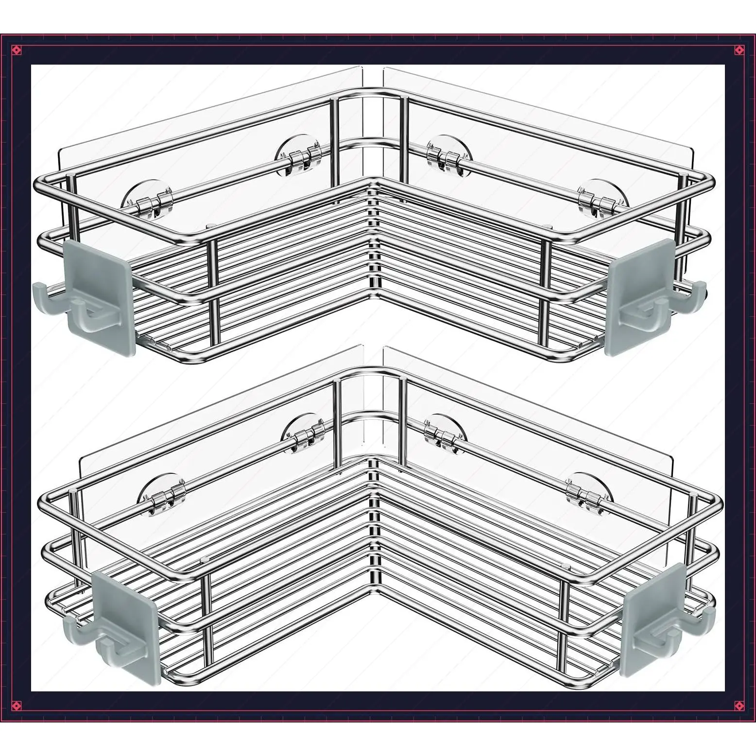 Corner Shower Shelves, Adhesive Shower Caddy, Bathroom Organization | Stainless steel, 2 pack, wall mounted, bathroom shelves, shampoo and soap holder, bathtub storage, with hooks, silverGift