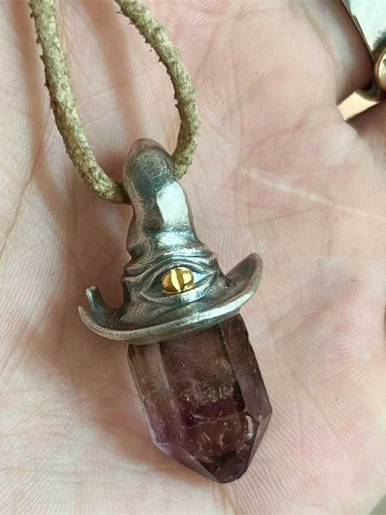 Vintage - Style Wizard Hat & Amethyst Crystal Celestial Pendant Design Necklace, Unique Occult - Inspired Jewelry, for Men & Women, Daily & Special Occasion Wear, Necklaces Men