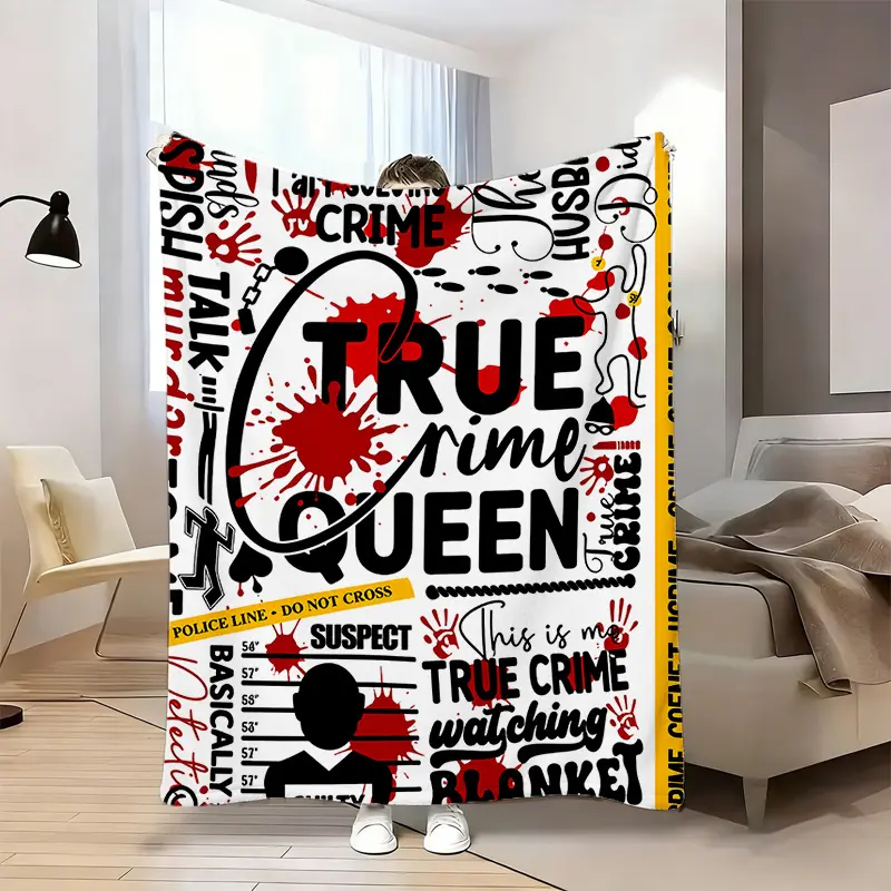 Edgy True Crime Queen Pattern Soft Flannel Blanket 280GSM, Mystery Detective Theme Throw for Media Room Bed Couch, Unique Blanket for True Crime Fans - Halloween Gift