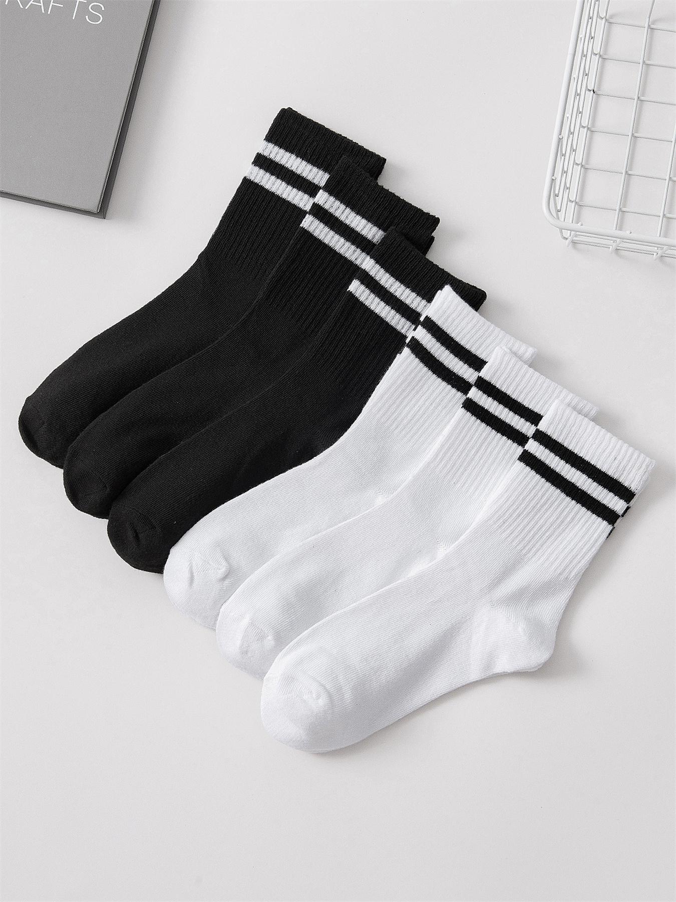 Women's 6 Pairs Striped Print Crew Socks Set, Soft Comfy Breathable Mid Calf Socks For Gym Outdoor Daily, Women's Socks & Hosiery, Cozy Fall Outfits, Versatile Street Style Womenswear, Summer Outfits 2024