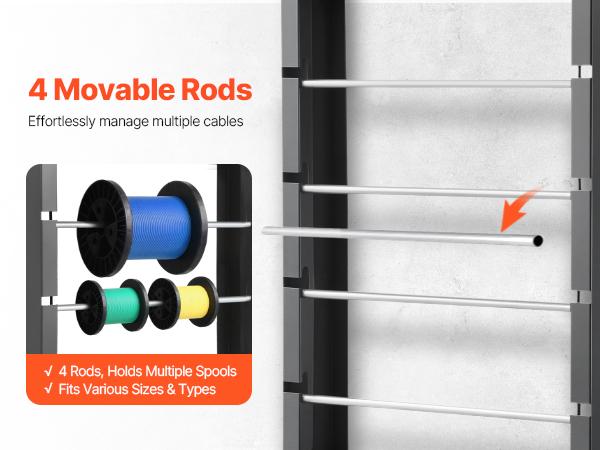 VEVOR Wire Spool Rack, 4 Adjustable Rods, Cold-Rolled Steel Wire Spool Holder Wall Mounted for Multi-Spools, Wiring Storage, 150 lbs Capacity Cable Dispenser, for Electrical Industrial Retail Use