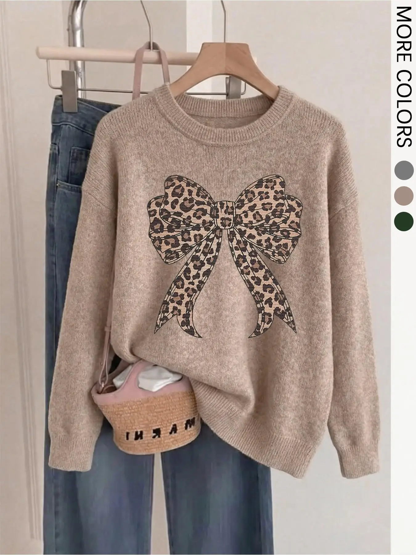 1Pc Women's Earth Tone Crew Neck Long Sleeve Sweater, Leopard Print Big Bow Graphic, Loose Lazy Fit Knit Pullover, Vintage Casual Fall Winter Top