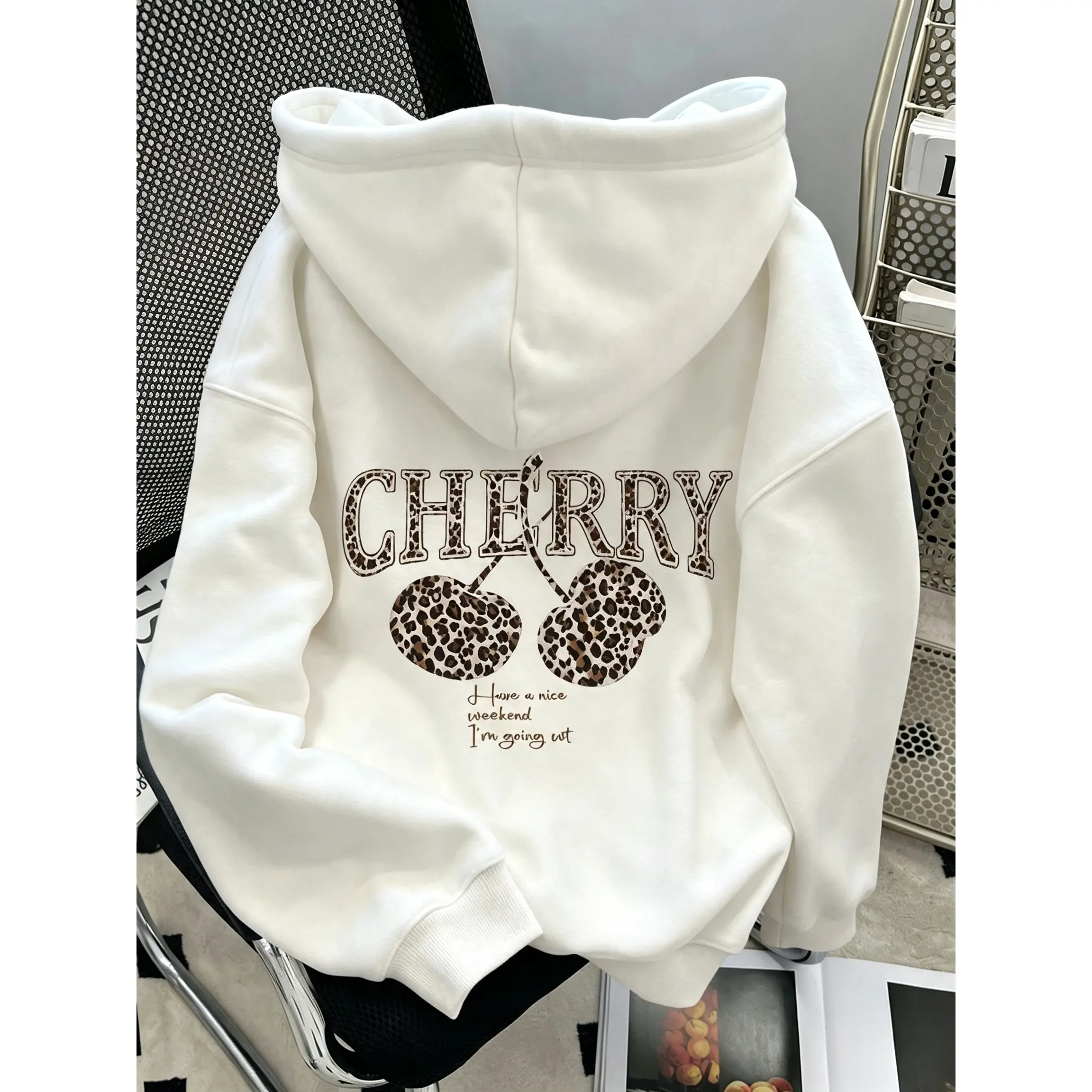 Leopard Cherry CHERRY Back Print Oversized Hoodie Cotton Y2K Vintage Graphic Hooded Sweatshirt