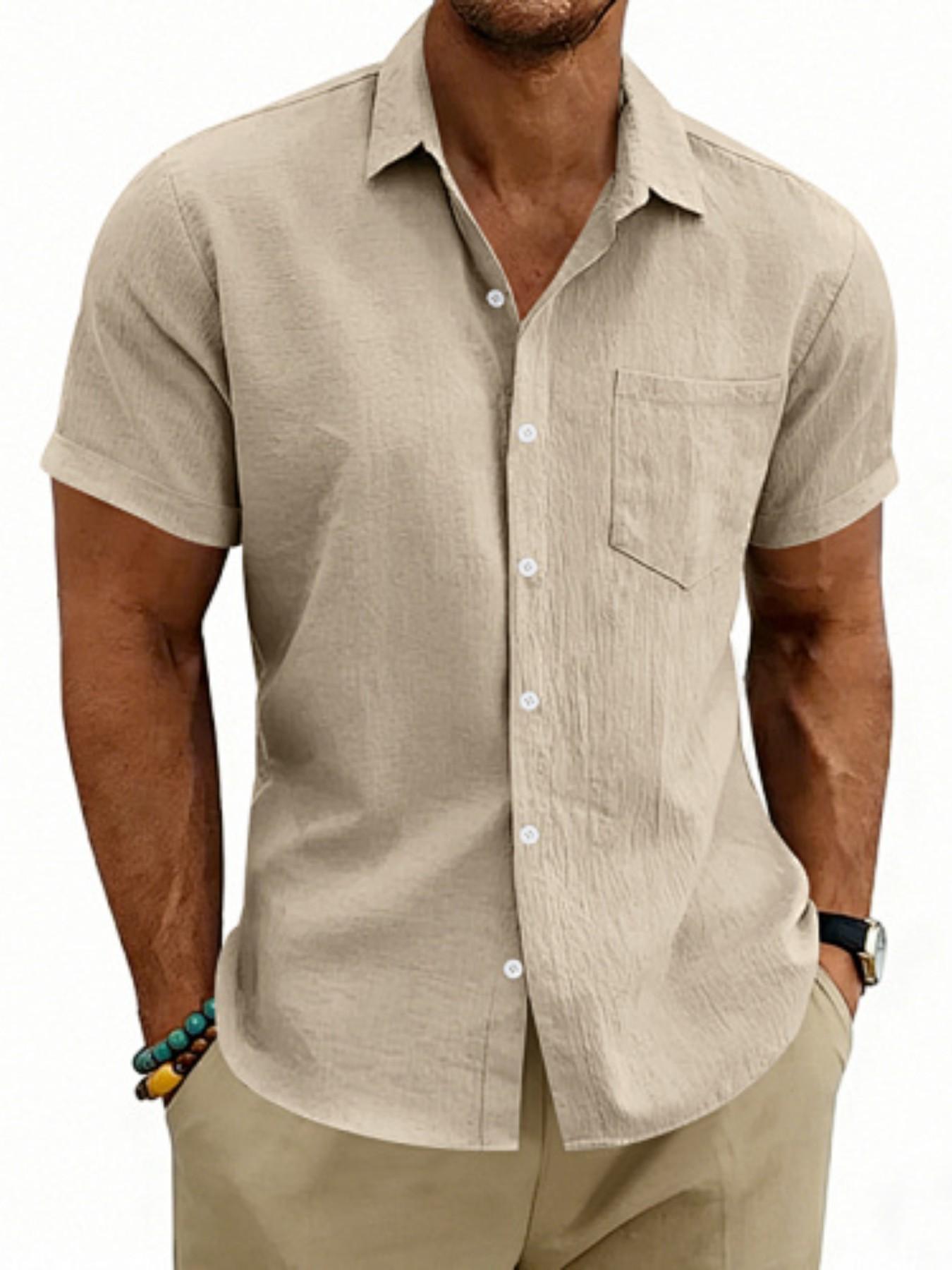 Men's Hawaiian-style linen loose-fit semi-high-neck short-sleeved top, designed for casual daily wear with comfortable and breathable fabric