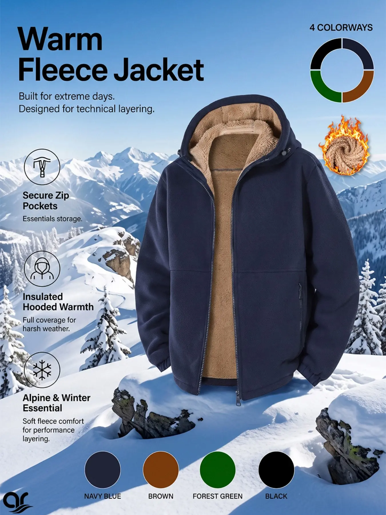 AR Men's Heavyweight Fleece Lined Zip-Up Hooded Jacket | Thermal Winter Windproof Coat | Casual Outerwear for Hiking, Camping, Skiing, Workout, Workwear & Everyday Street Style