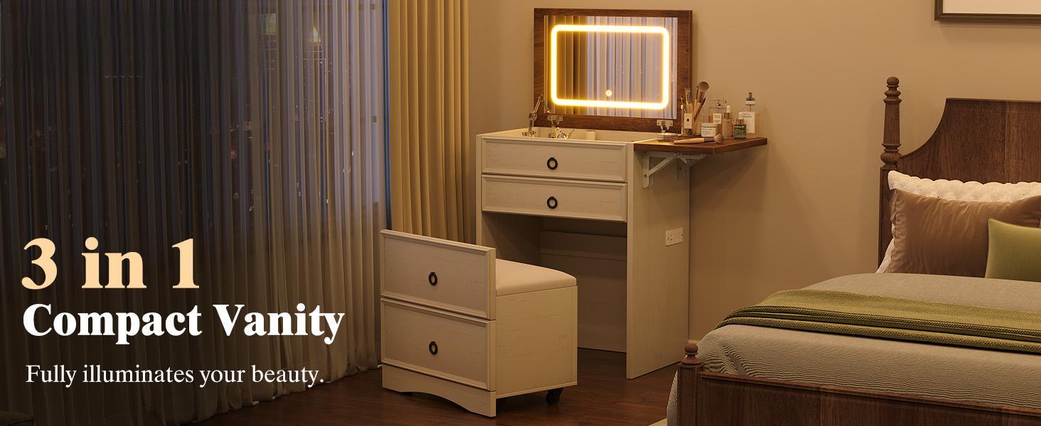 VanAcc 3-in-1 Vanity Set with LED Lighted Flip Top Mirror, Small Makeup Vanity Table with Fold-Up Panel, Hidden Stool and Charging Station, Versatile Vanity for Bedroom, Dressing Room, Sturdy and Durable
