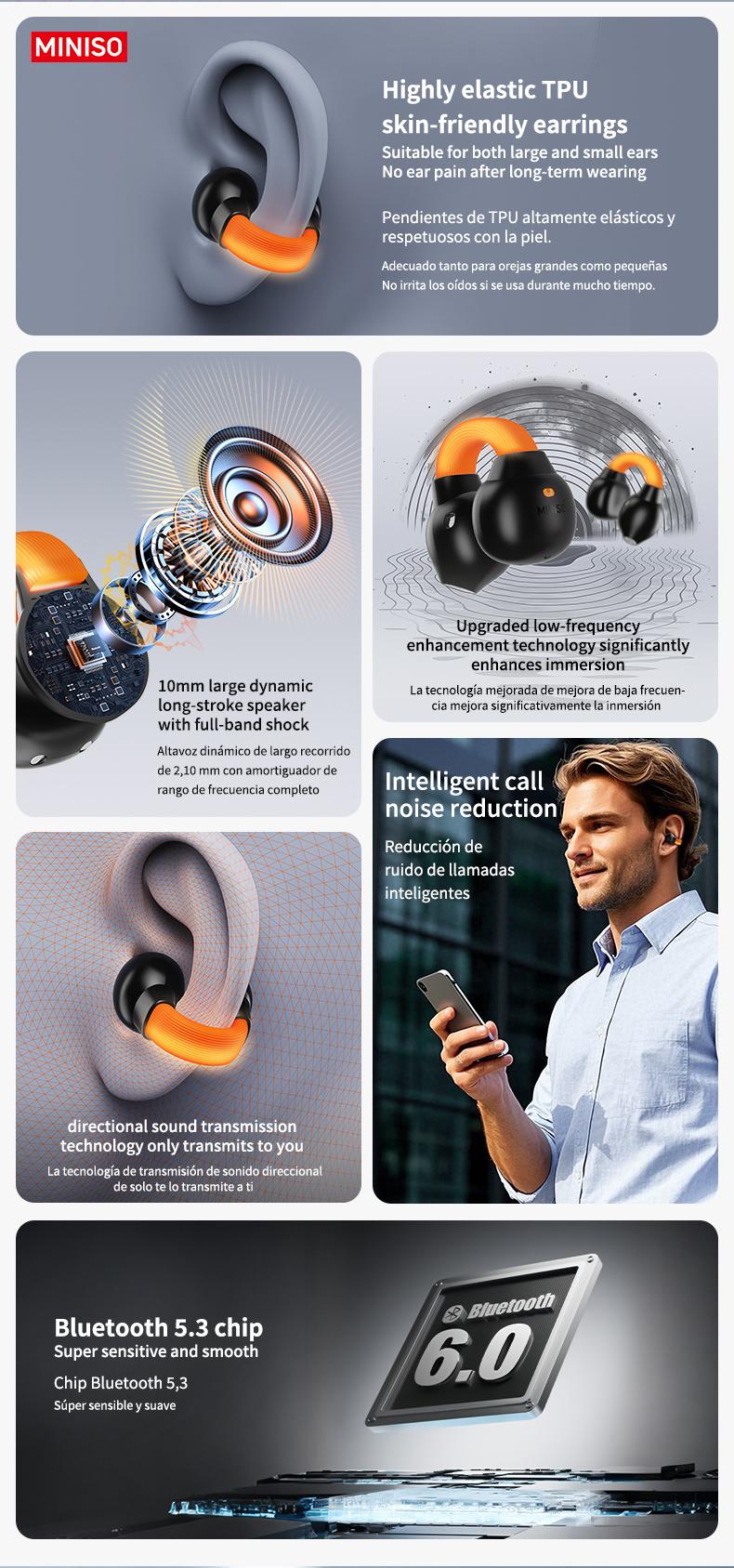 MINISO True Wireless Luminous Earphones MS191, Bluetooth 6.0 Open Earphones, Long Battery Life Wireless Ear Clip Earphones, Wireless Sports Earphones