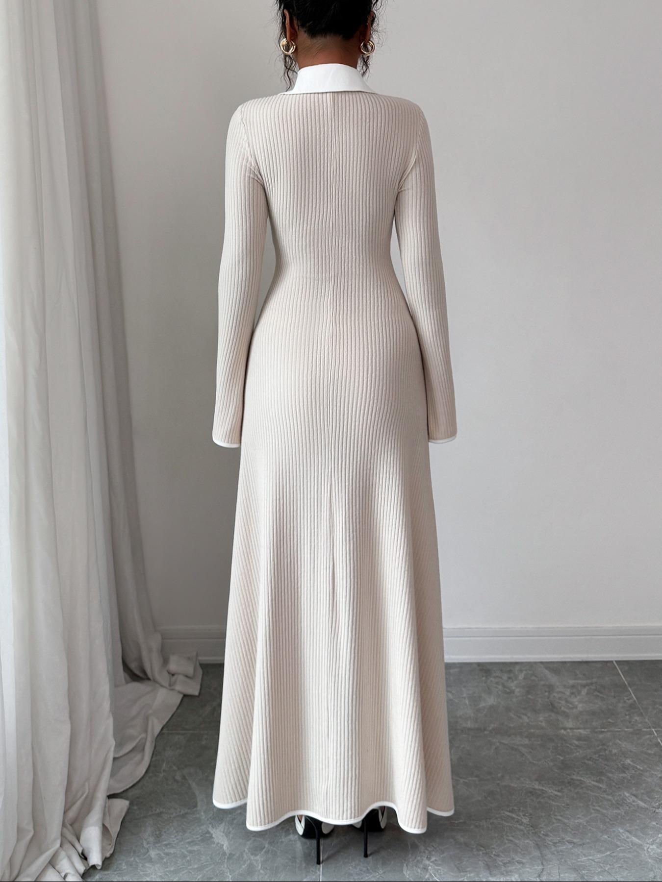 Fashion Elegant Shirt Collar Waist Cinched Long Sleeve Dress, Fitted Plain Design for Fall & Winter, Women's Stylish Clothing, Minimalist