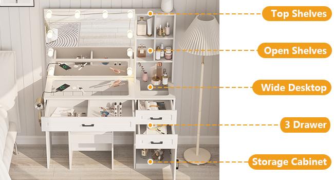 Vabches Vanity Desk Large Vanity Table With Glass Top And Lots Storage