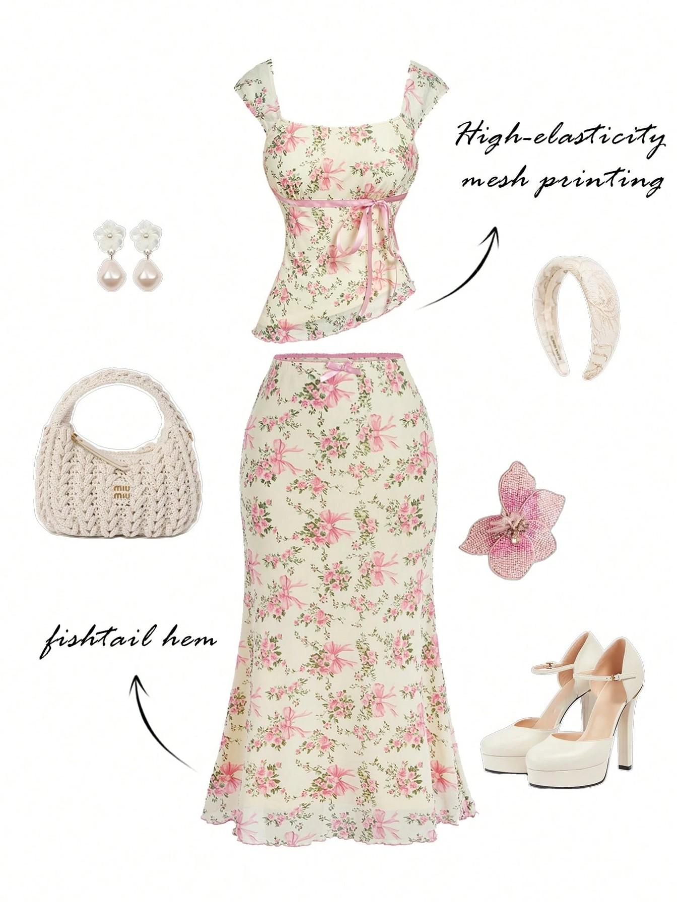 Women's Two-Piece Set Outfit, Asymmetrical Hem Floral Camisole Top, Low Waist Fish Tail Skirt with Bow Decoration, Vintage Style, Summer, Wedding Guest, Vacation, Birthday, Skirt Sets, Summer Matching Set