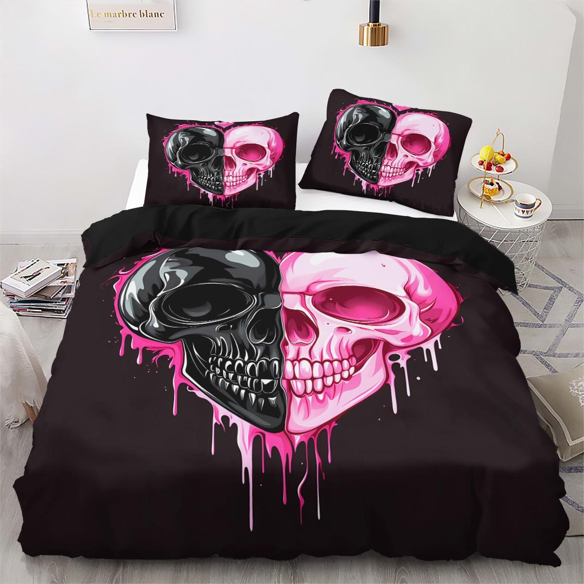 3pc Black and pink patchwork skull bedding Set, Decorative bedding set, including 1 duvet cover and 2 pillowcases, suitable for single and double beds, with multiple sizes available, ideal for bedrooms, dormitories, hotel apartments