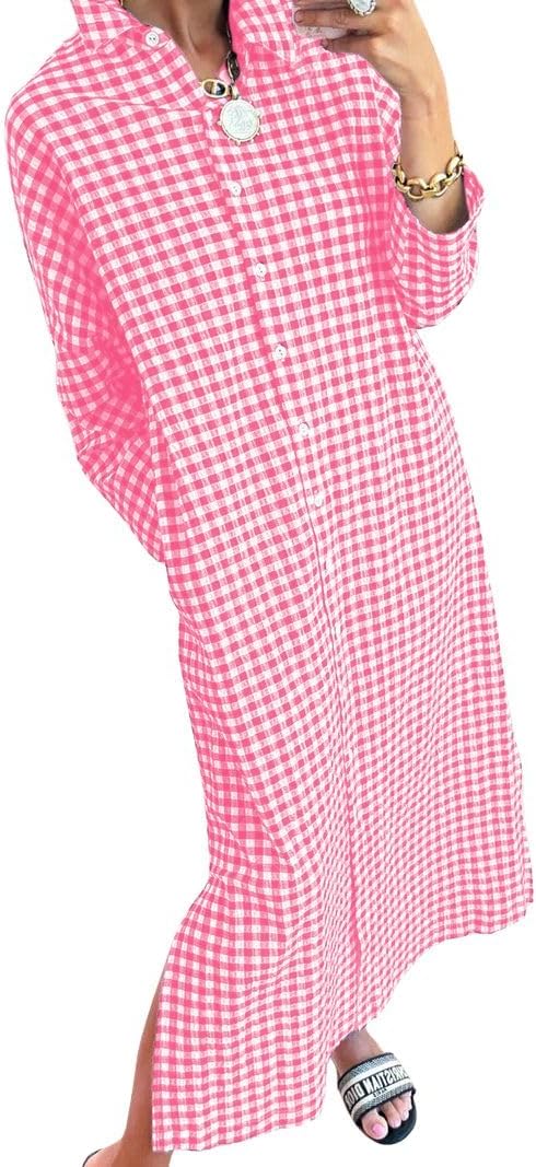 Women's Casual Loose Button Down Plaid Shirt Dress Long Sleeve Side Slit Cotton Gingham Maxi Dress