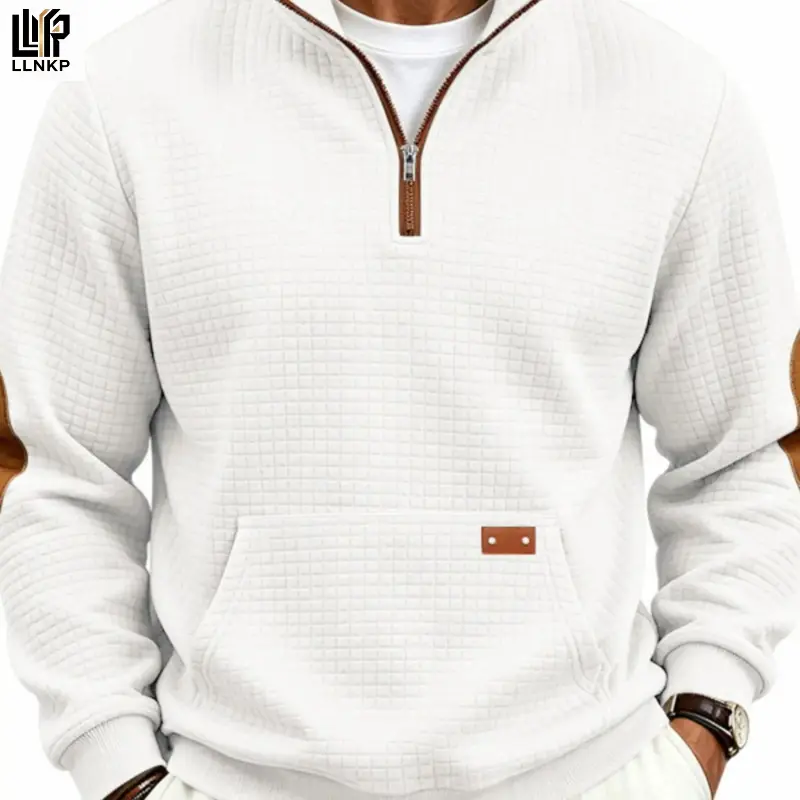 LLNKP Men's Waffle Quarter Zip Casual Loose Zipper Sweatshirt, Long Sleeve Stand Collar Pullover with Pocket, Faux Leather Elbow Patch, Soft Casual Loose Fit Sweatshirt, Fashion Daily Outdoor Tops Men Multi
