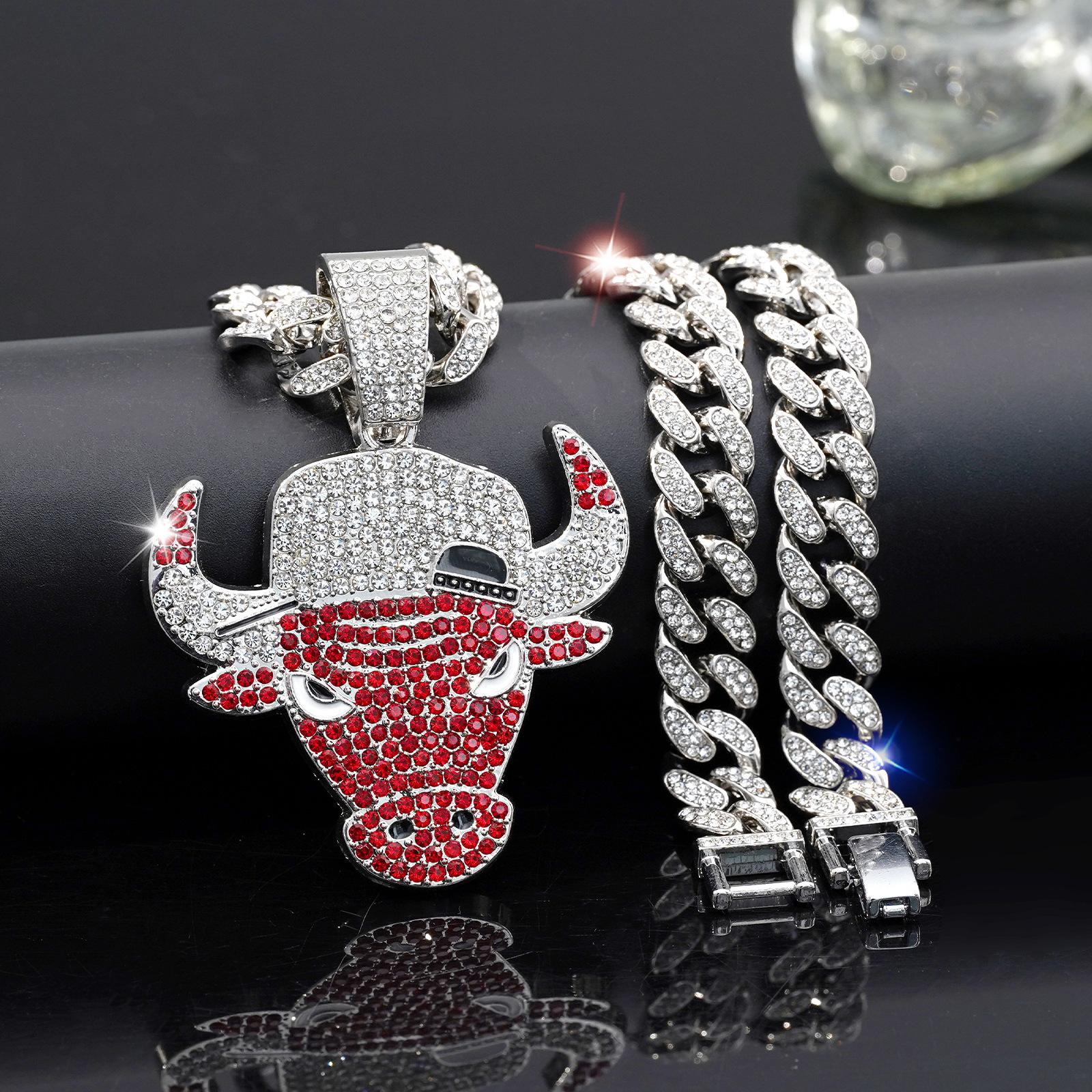 Men's hip-hop full-diamond necklace, fashionable and unique, with a cool red bull head pendant