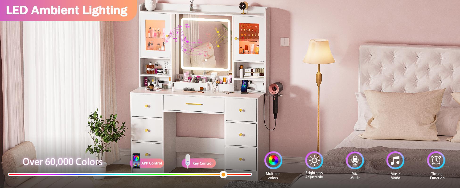 Makeup Vanity Desk with Mirror and Lights - White Large Vanity Desk with 7 Drawers & LED Jewelry Cabinet, Vanity Table with Charging Station, Dressing Table for Bedroom