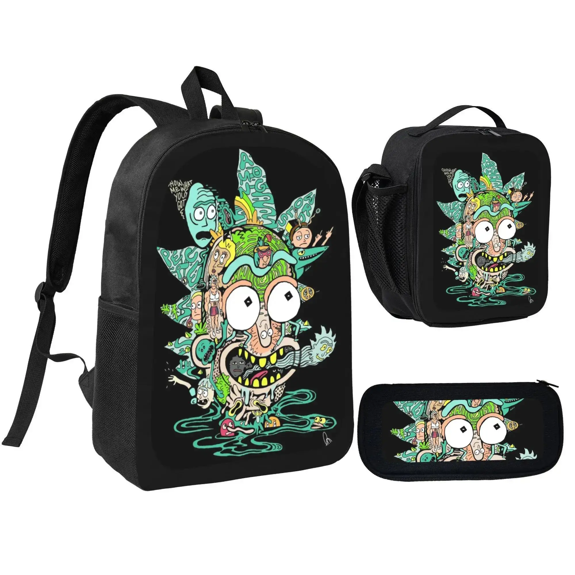 Rick and Morty 3PCS Backpack Set - Casual School Backpack with Bold Prints, A4 Size Fit, Multiple Pockets, Lunch Bag & Pencil Case, Large Capacity Student Bookbag for Teens, Anime Fan Gift, Back to School Essential