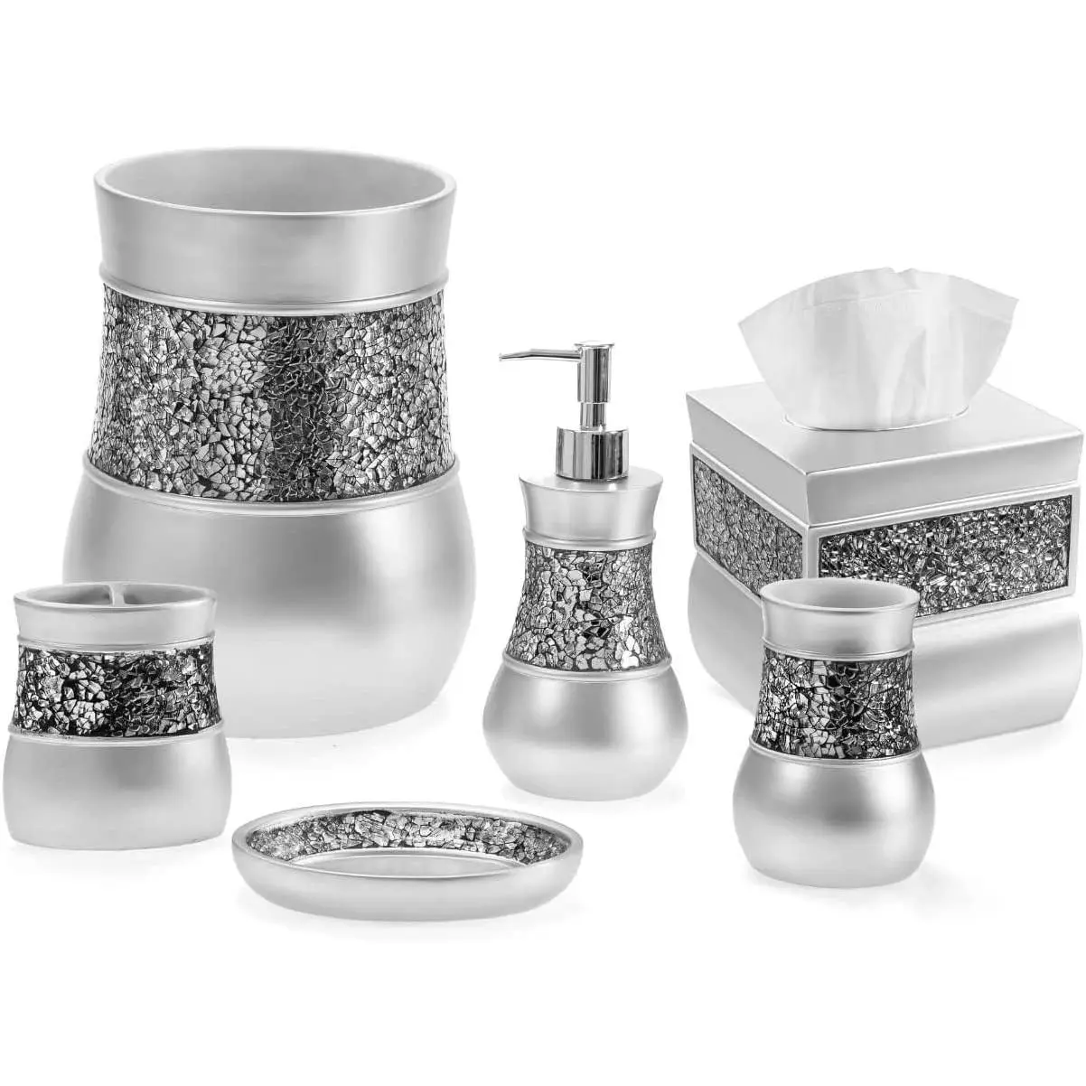 6-Piece Bathroom Accessories Set in Crackled Glass and Silver Resin