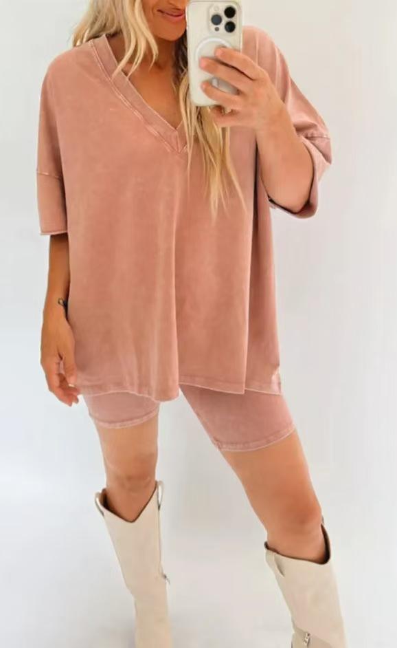 Women Washed 2 Piece SetLounge Set Oversized TopsBiker Shorts V Neck Drop