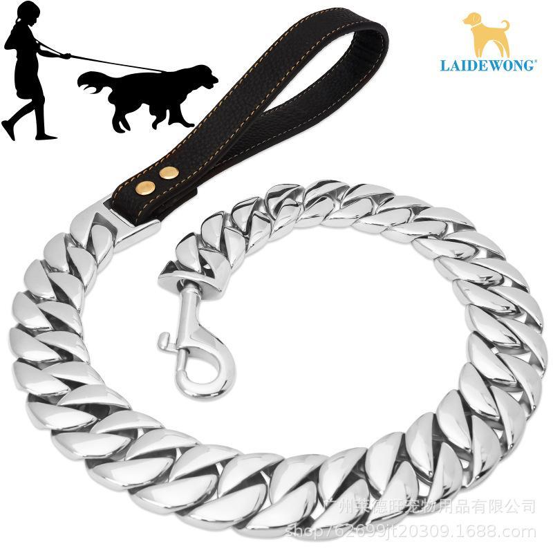 Heavy Duty Stainless Steel Dog Leash with Leather Handle, Chew Proof Cuban Link Metal Chain Lead for Medium Large Dogs, Strong Walking Pet Leash Heavy Duty Stainless Steel Dog Leash with Leather Handle, Chew Proof Cuban Link Metal Chain Lead for Medium Large Dogs, Strong Walking Pet Leash