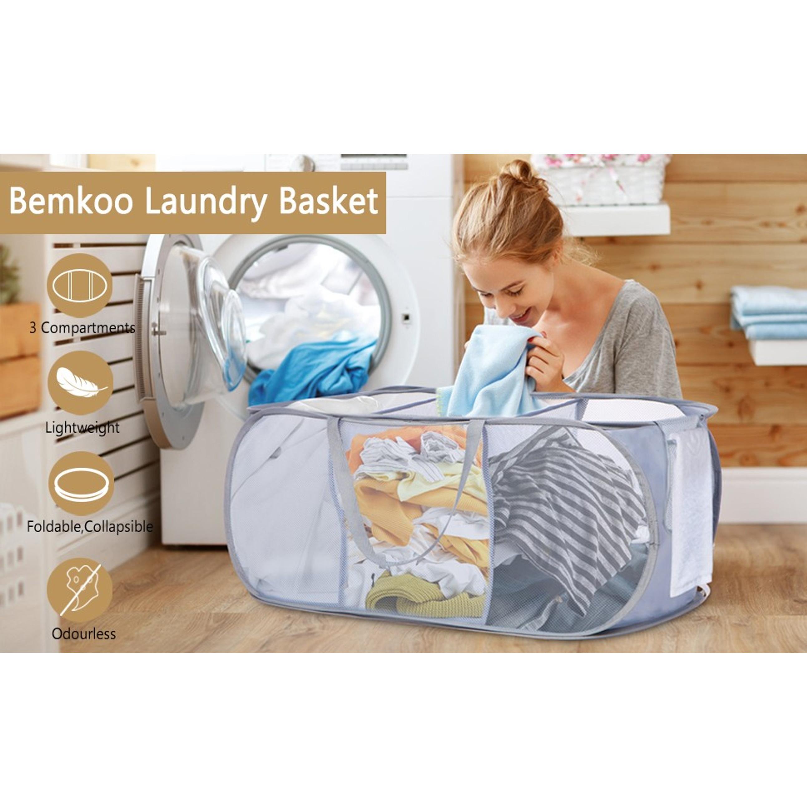 Collapsible Foldable Pop Up Laundry Hamper with 3 Compartments, Handy Pocket, Sturdy Clothes Sorter for Dorm, Kids Room, Travel - GreyGift
