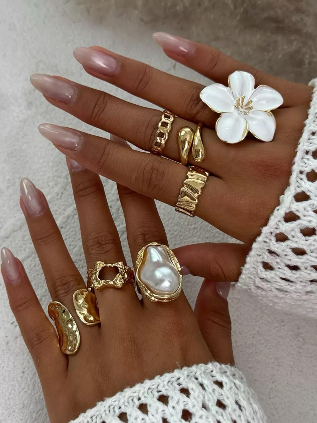 Elegant Floral Imitation Pearl Ring Set, Zinc Alloy Wide Band Women's Rings, Statement Multi Ring, All-Season Jewelry Gift for Parties & Birthdays