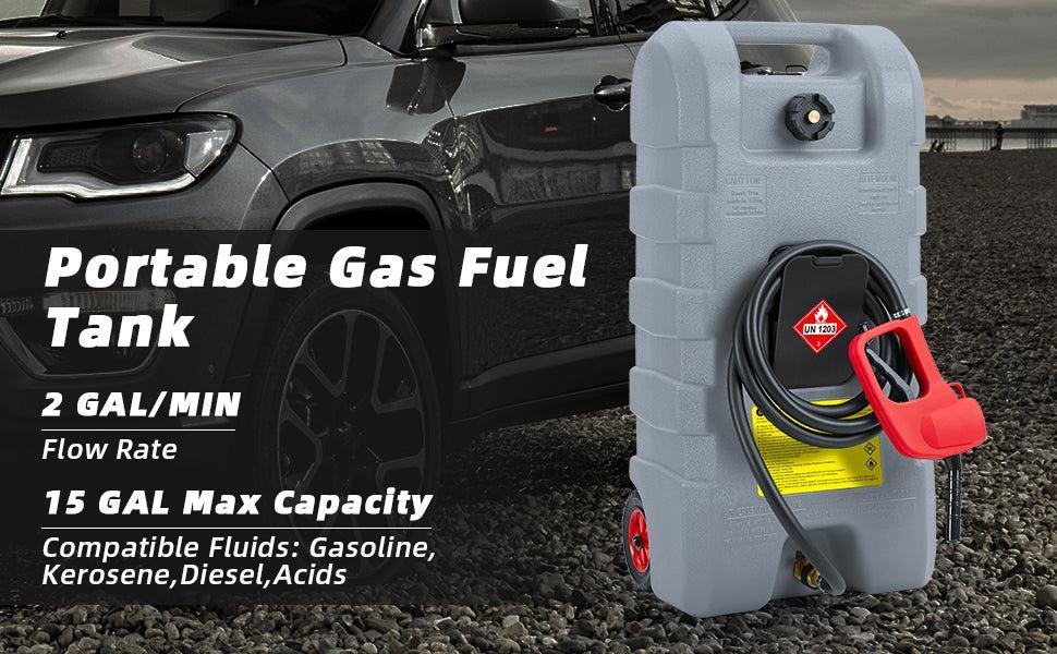 GARVEE15 Gallon Portable Fuel Caddy with 10-ft Hose, Siphon Pump, and 7.5 L/min Manual Nozzle, Available in Gray, Red, and Yellow for Efficient Fuel Transfer and Storage.