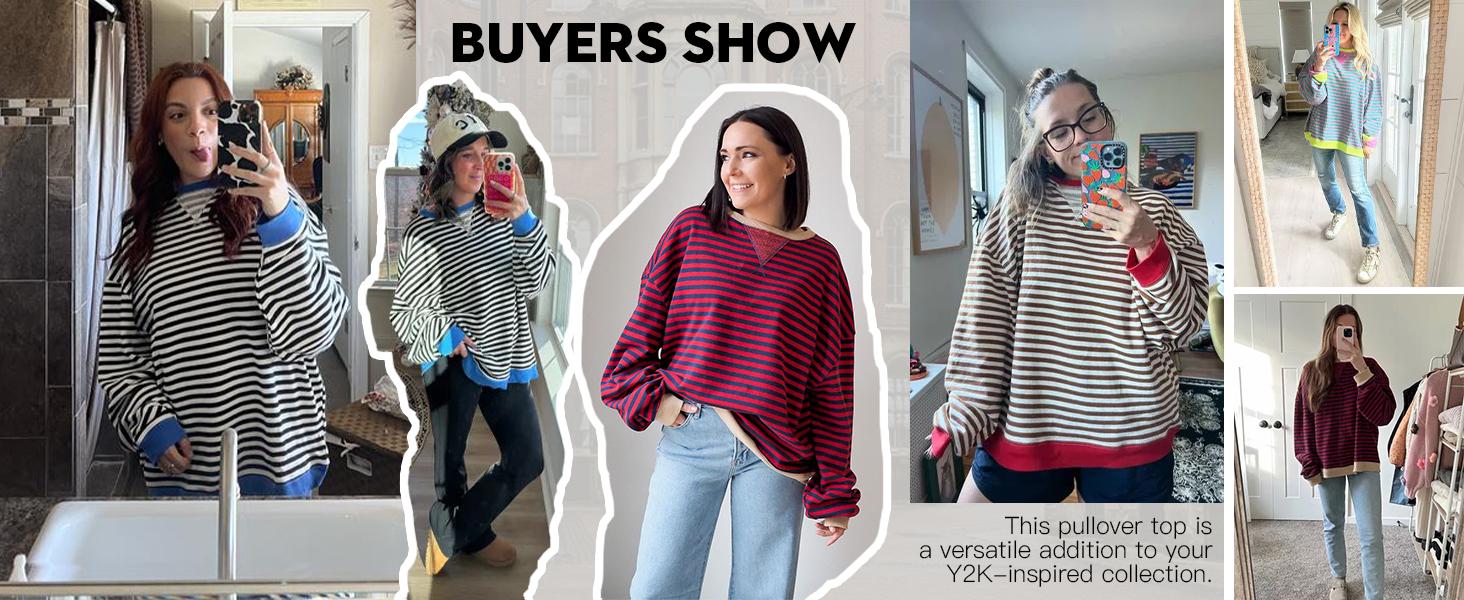 FISOEW Womens Striped Oversized Sweatshirt Color Block Crew Neck Long Sleeve Shirt Casual Loose Pullover Top Y2K Clothes Hoodie denimtearhoodie pink palm zip hoodie graphic zip Leg Baggy Womenswear Cotton